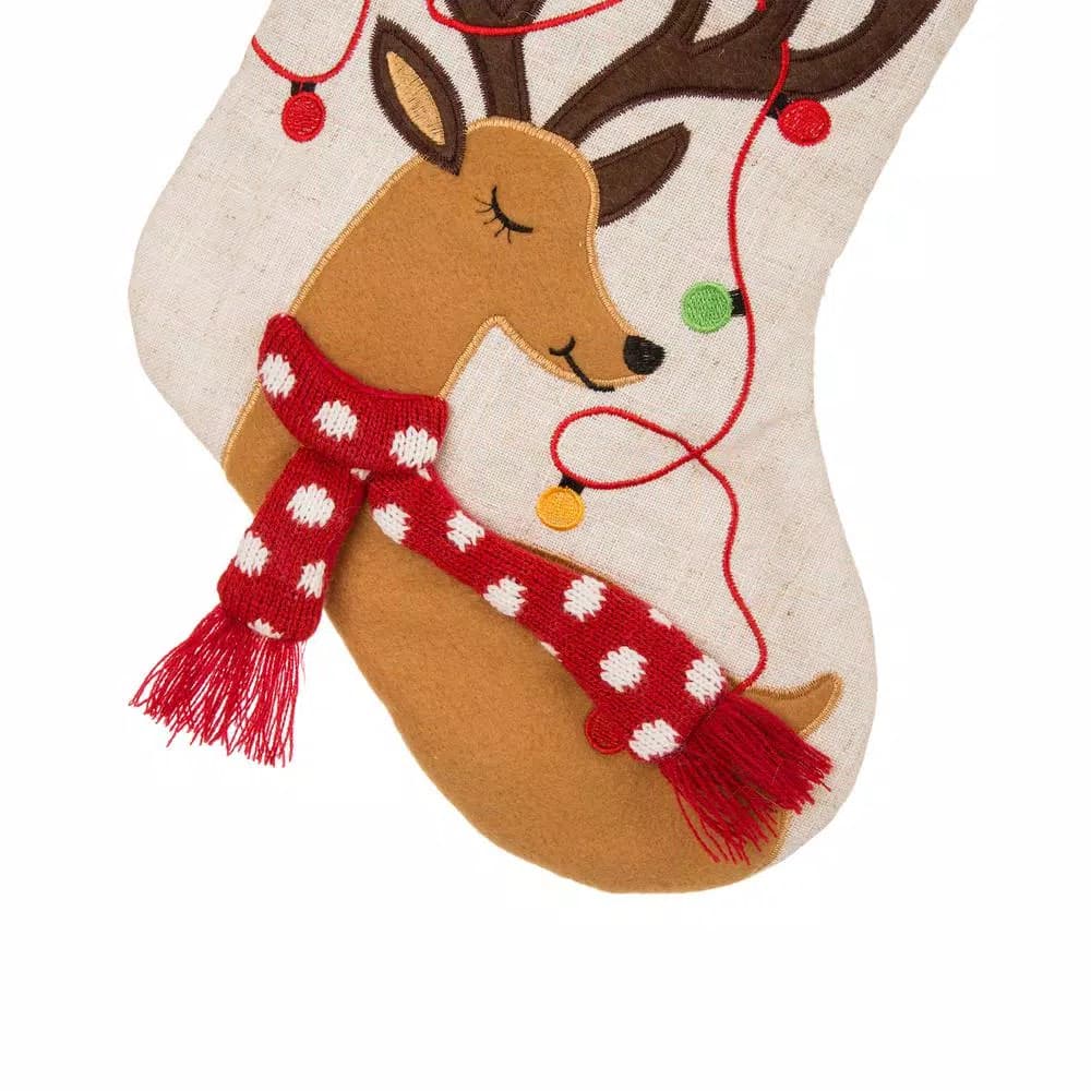 Glitzhome 21 in. LED Embroidered Linen Christmas Stocking - Reindeer Design