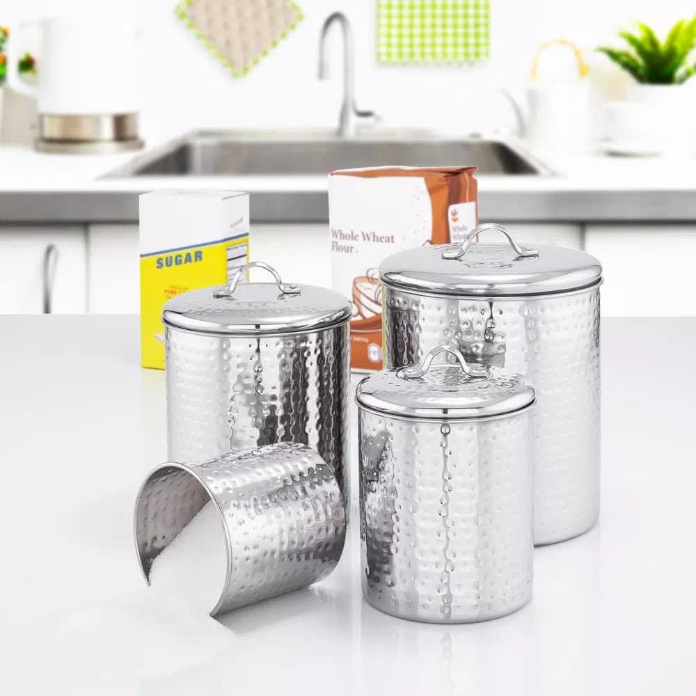 Old Dutch 4-Piece Stainless Steel Hammered Canister Set with Fresh Seal Covers