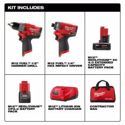 Milwaukee M12 FUEL 12V Brushless Cordless Hammer Drill and Impact Driver Combo Kit with 2 Batteries & Bag thumbnail 2