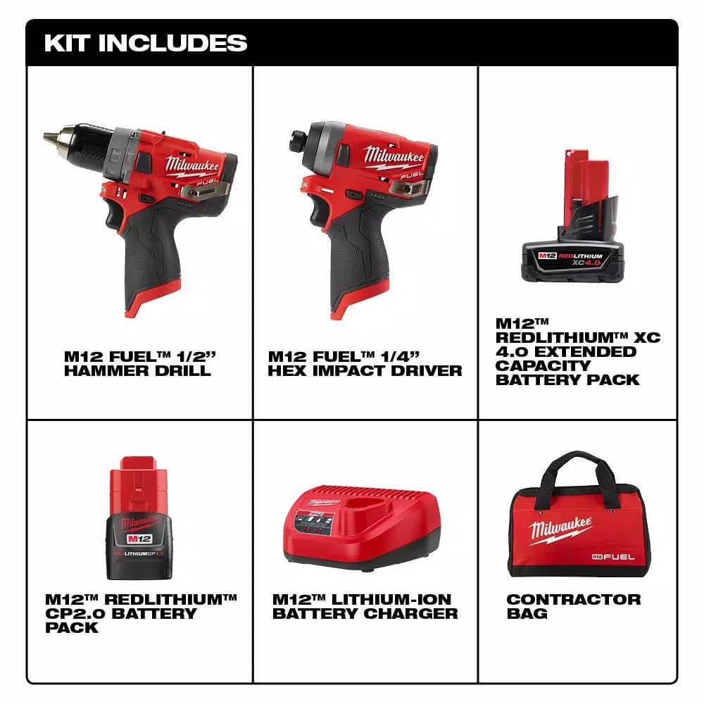 Milwaukee M12 FUEL 12V Brushless Cordless Hammer Drill and Impact Driver Combo Kit with 2 Batteries & Bag