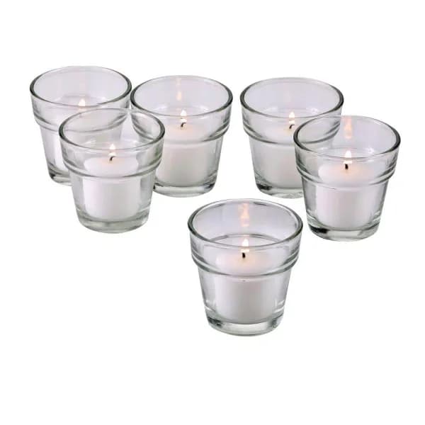 Light In The Dark Clear Glass Flower Pot Votive Candle Holders with White Votive Candles, Set of 12