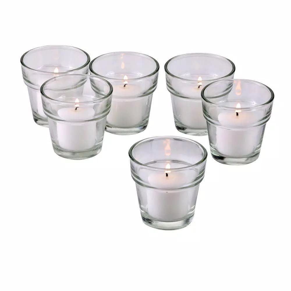 Light In The Dark Clear Glass Flower Pot Votive Candle Holders with White Votive Candles, Set of 12