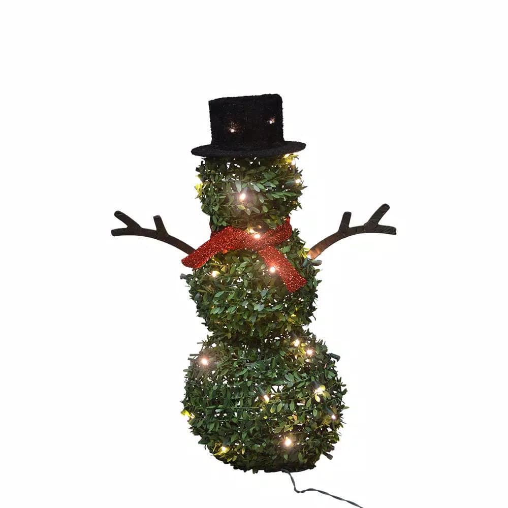 ProductWorks 28 in. Pre-lit Faux Boxwood Topiary Snowman Sculpture with 40 LED Lights
