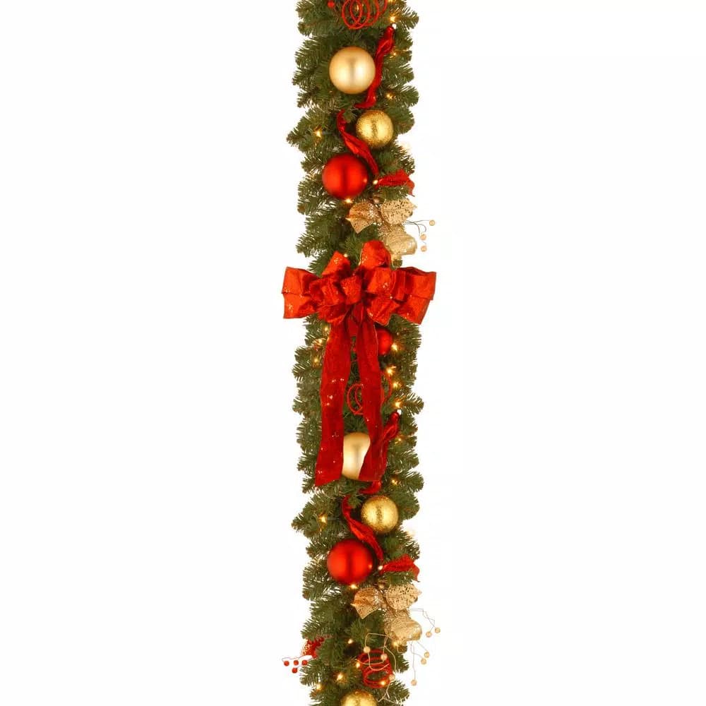 Unbranded 9 ft. Cozy Christmas Garland with 100 Clear Lights, Red Bow, and Gold & Red Ornaments