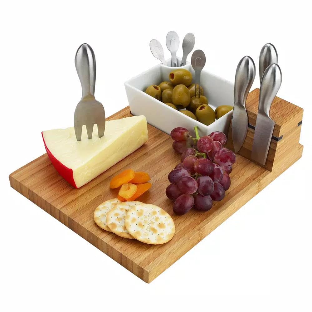 Unbranded Buxton Bamboo Cheese Board Set with 4 Stainless Steel Tools and Ceramic Bowl