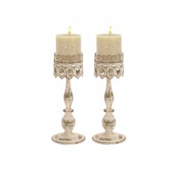 LITTON LANE 14 in. Distressed Ivory Iron Pillar Candle Holders with Filigree Design (Set of 2) thumbnail 3