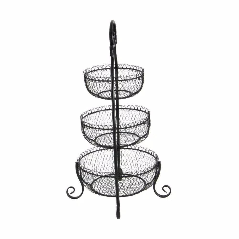 LITTON LANE New Traditional 3-Tier Black Wrought Iron Decorative Basket Tray Stand