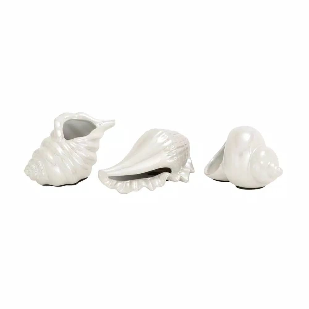 LITTON LANE Coastal Living White Ceramic Seashell Decor Set of 3 - Pearlescent Porcelain Sculptures