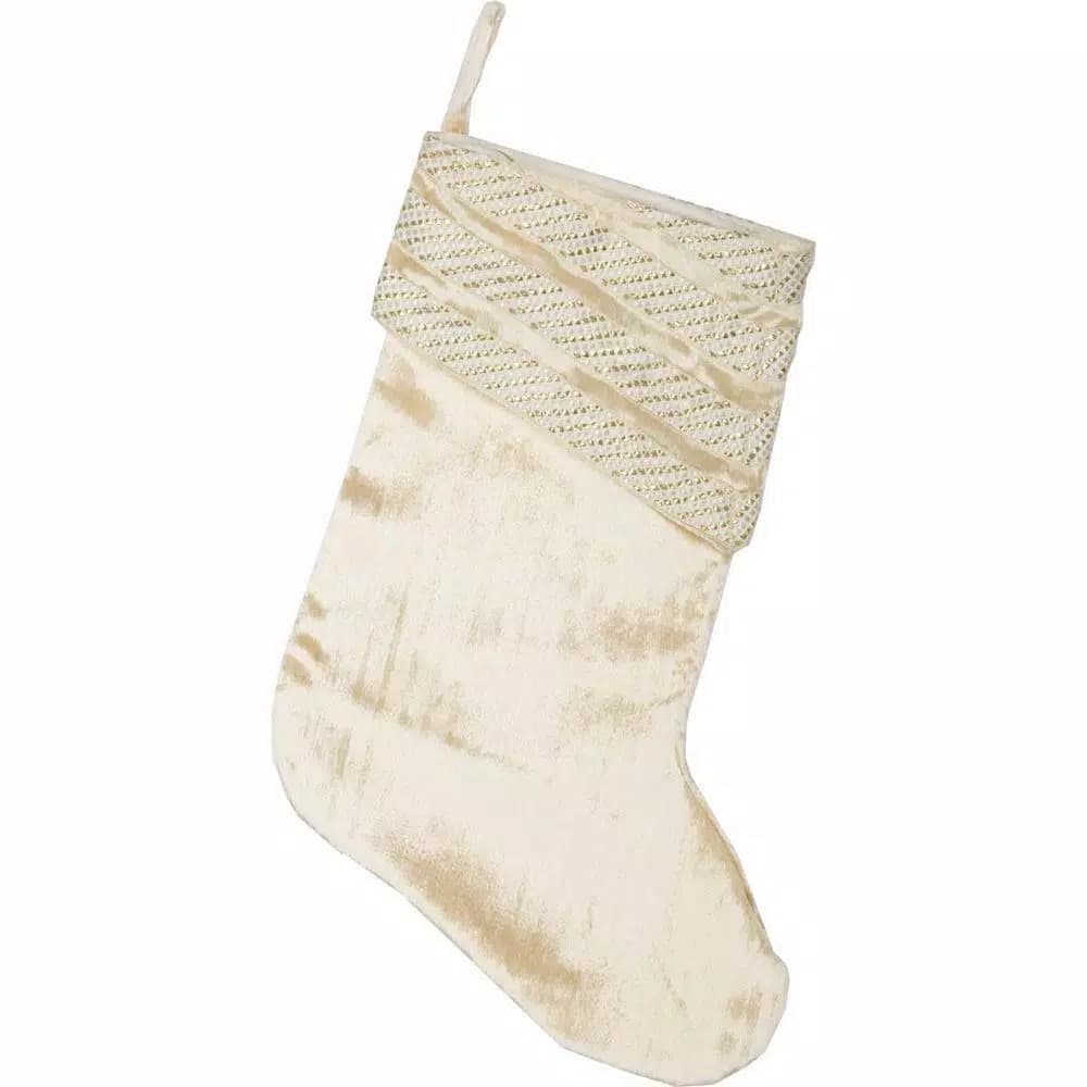 VHC Brands 15 in. Creme Memories Glam Christmas Stocking with Gold and Ivory Ribbon Embellishment