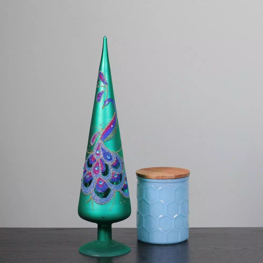 Northlight 15 in. Regal Peacock Green Glass Finial Christmas Tree Topper with Teal, Purple, and Blue Glitter Gems