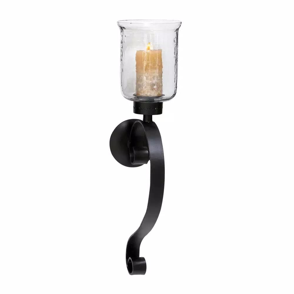LITTON LANE 27 in. Wrought Iron Candle Sconce with Clear Glass Hurricane Holder, Black