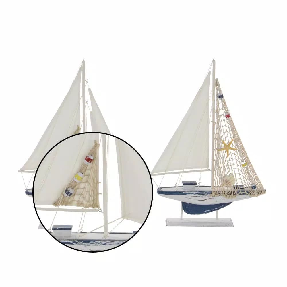 LITTON LANE Coastal Nautical Wooden Sailboat Sculptures, Set of 2, 20-Inch Distressed Blue and White Pine