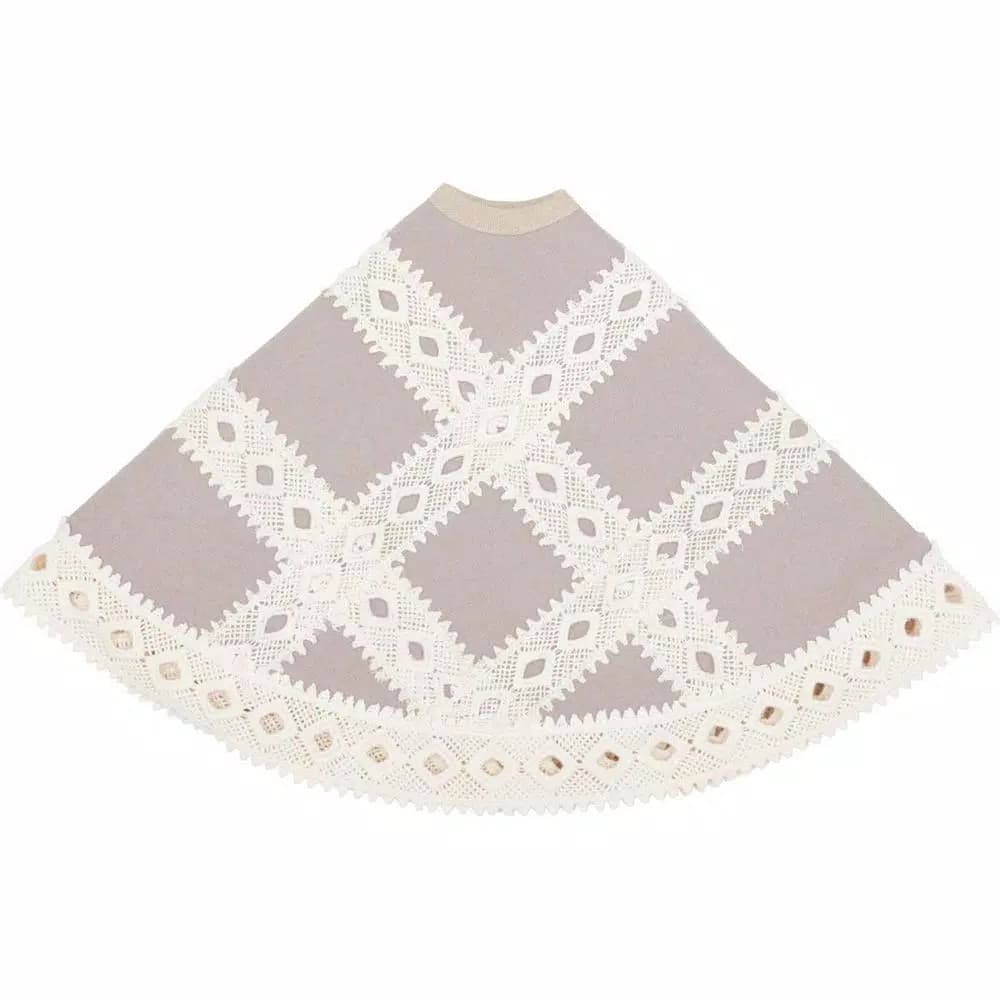 VHC Brands 21 in. Grey Margot Farmhouse Christmas Tree Skirt with Diamond Cut Lace