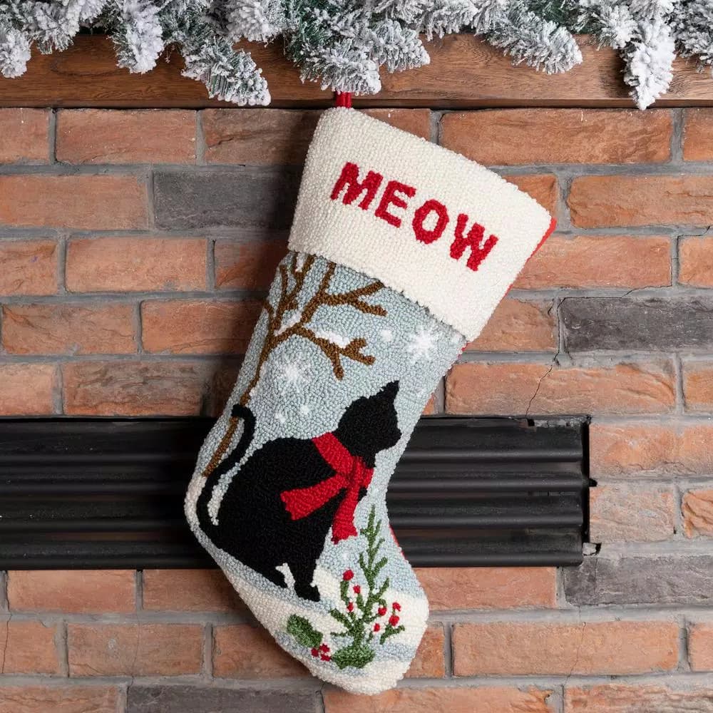Glitzhome Handmade Hooked Cat Christmas Stocking, 20 in. Holiday Decor
