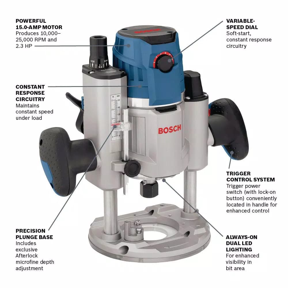 Bosch 15 Amp 2.3 HP Electronic Variable-Speed Plunge Base Router with LED Light