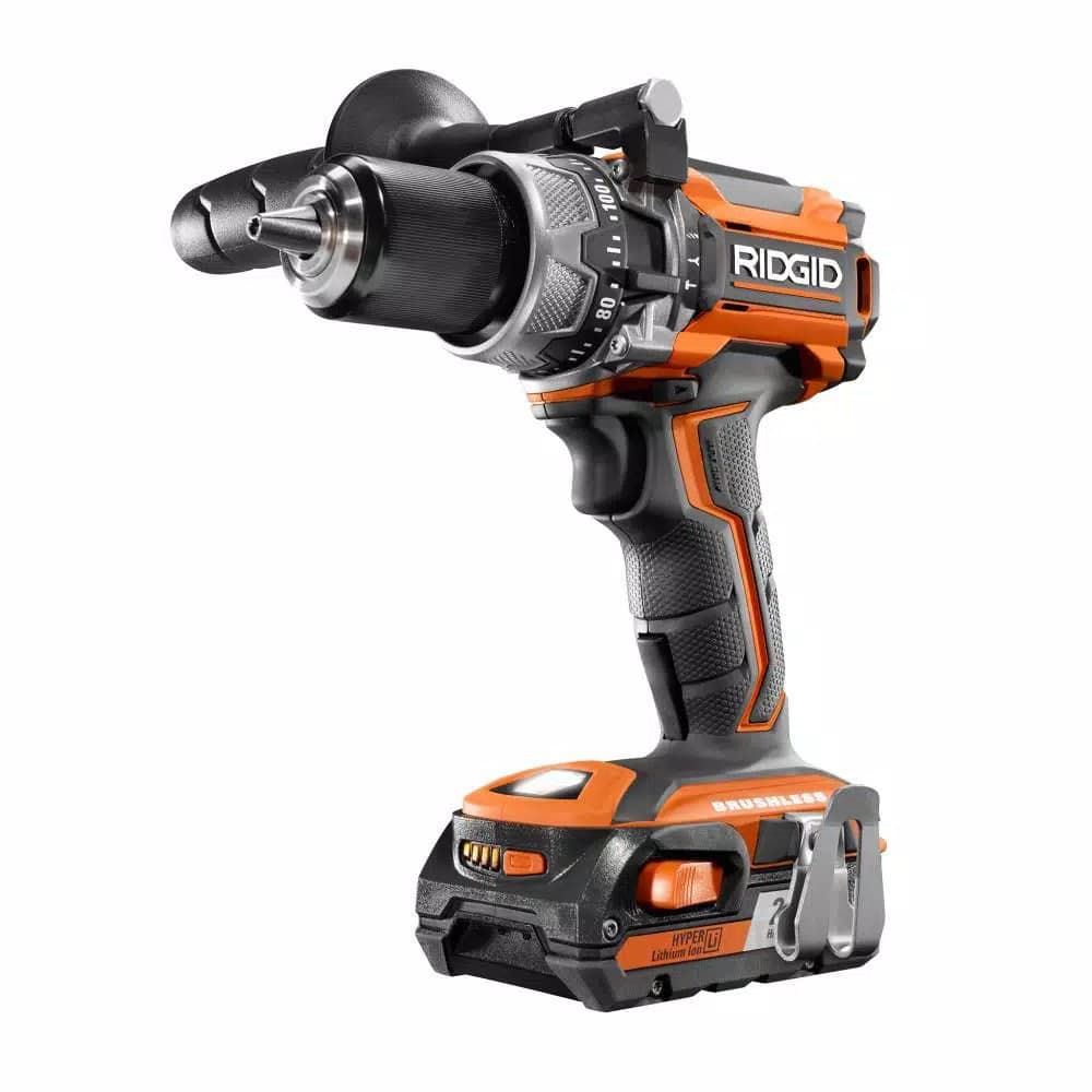 RIDGID 18V Brushless 1/2 in. Compact Hammer Drill Kit with (2) 2.0 Ah Batteries, Charger, and Bag