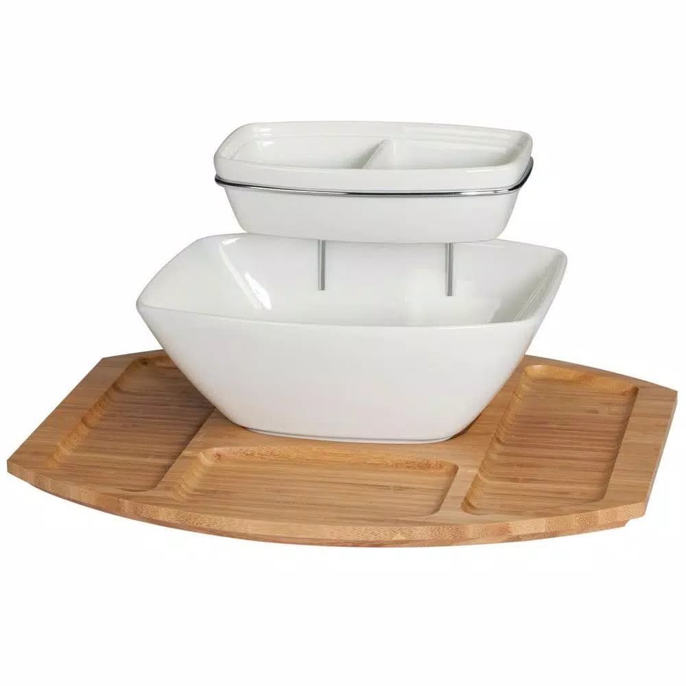 Unbranded Creative Ware TableStyles Bamboo and Ceramic Chip 'n Dip Party Server Set