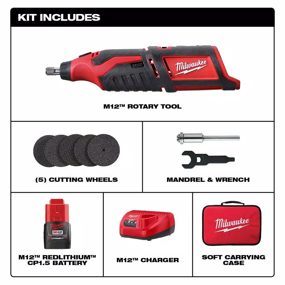 Milwaukee M12 12V Lithium-Ion Cordless Rotary Tool Kit with 1.5Ah Battery, Charger, and Bag
