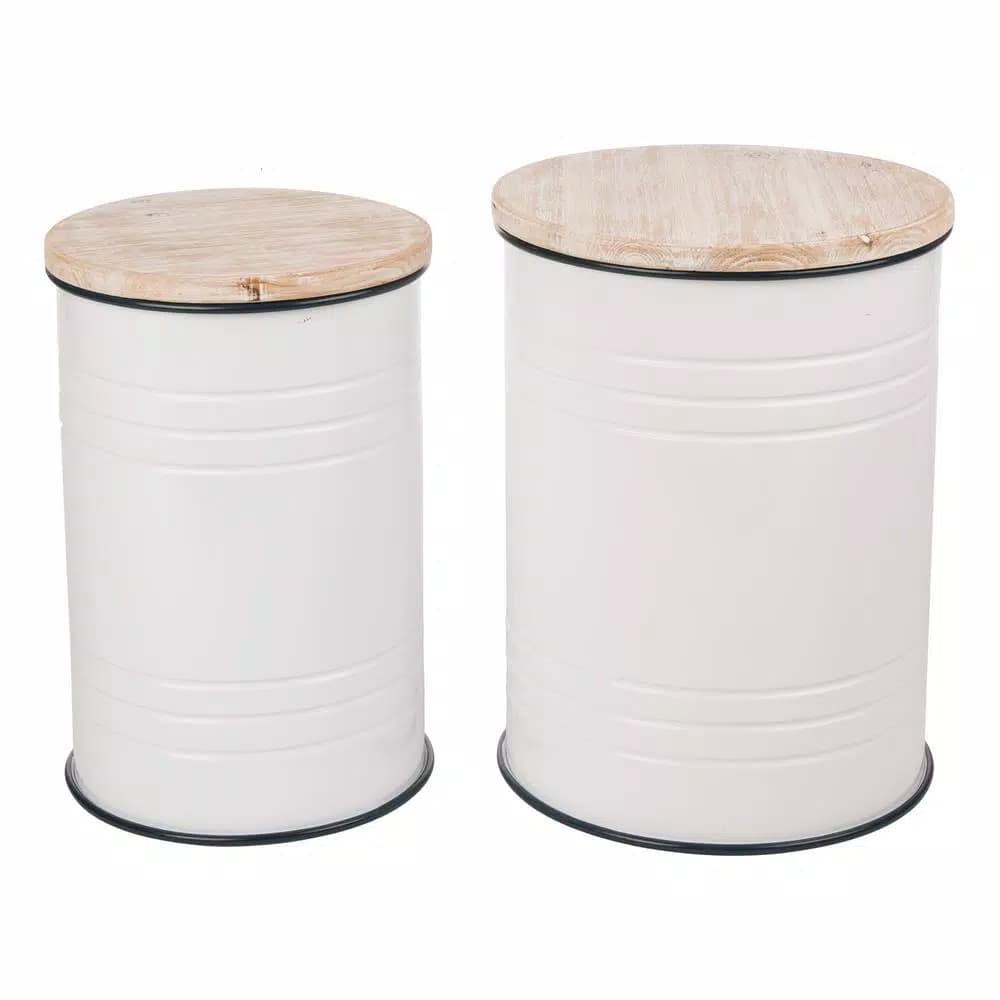 Glitzhome Farmhouse Enamel Metal Round Container Set with Wood Lids, Set of 2