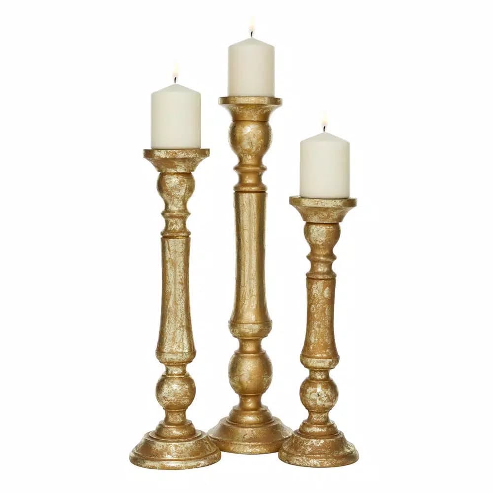 LITTON LANE Golden Mango Wood Candle Holder Set, Set of 3, Distressed Gold Finish