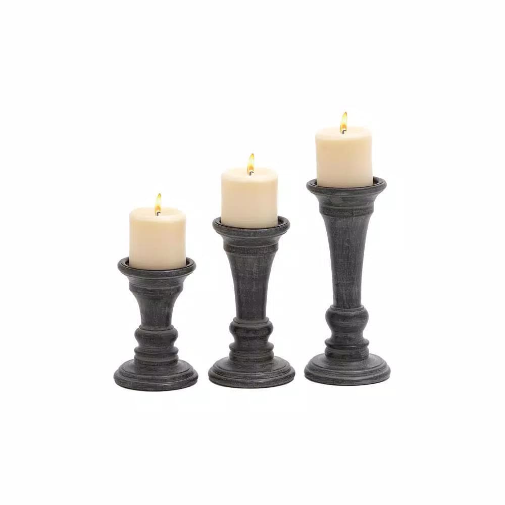 LITTON LANE Distressed Black Mango Wood Candle Holder Set of 3 - Rustic Tapered Design