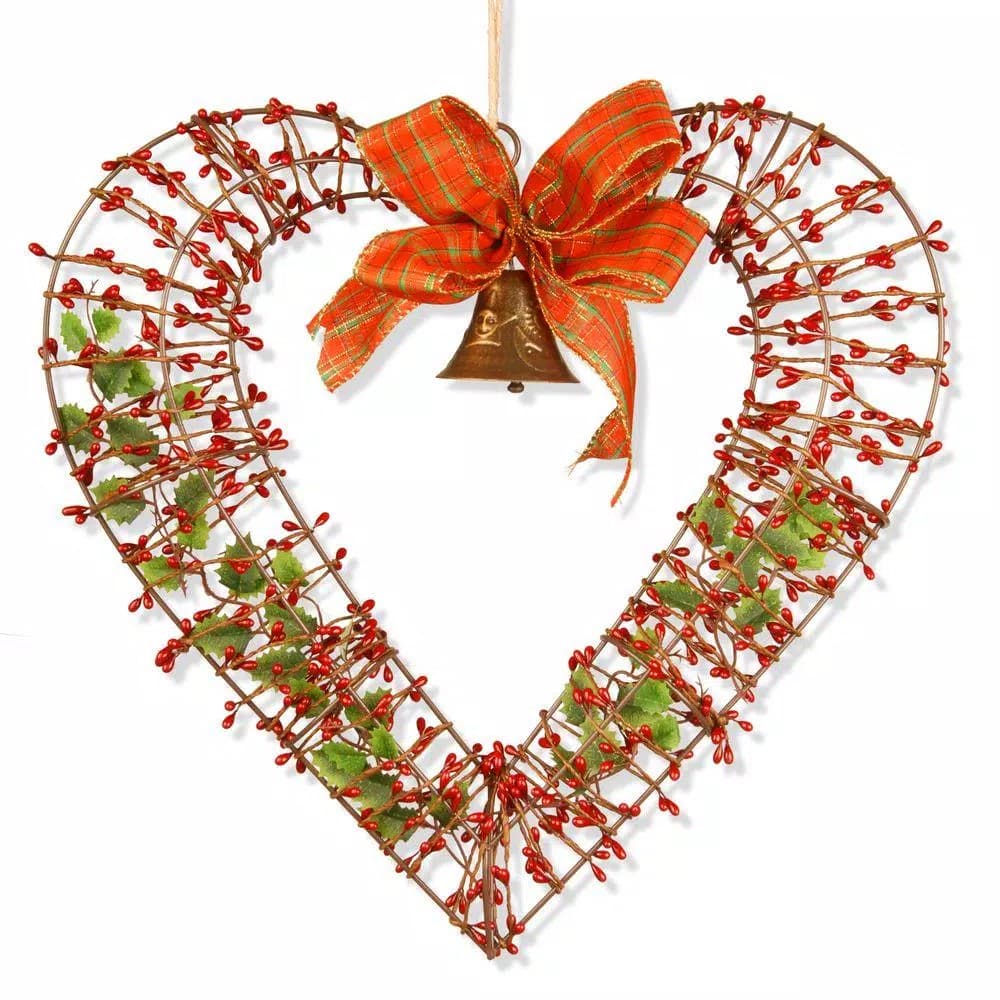 National Tree Company 16 in. Valentine Heart Wreath with Red Berries, Green Leaves, Tartan Bow, and Metal Bell