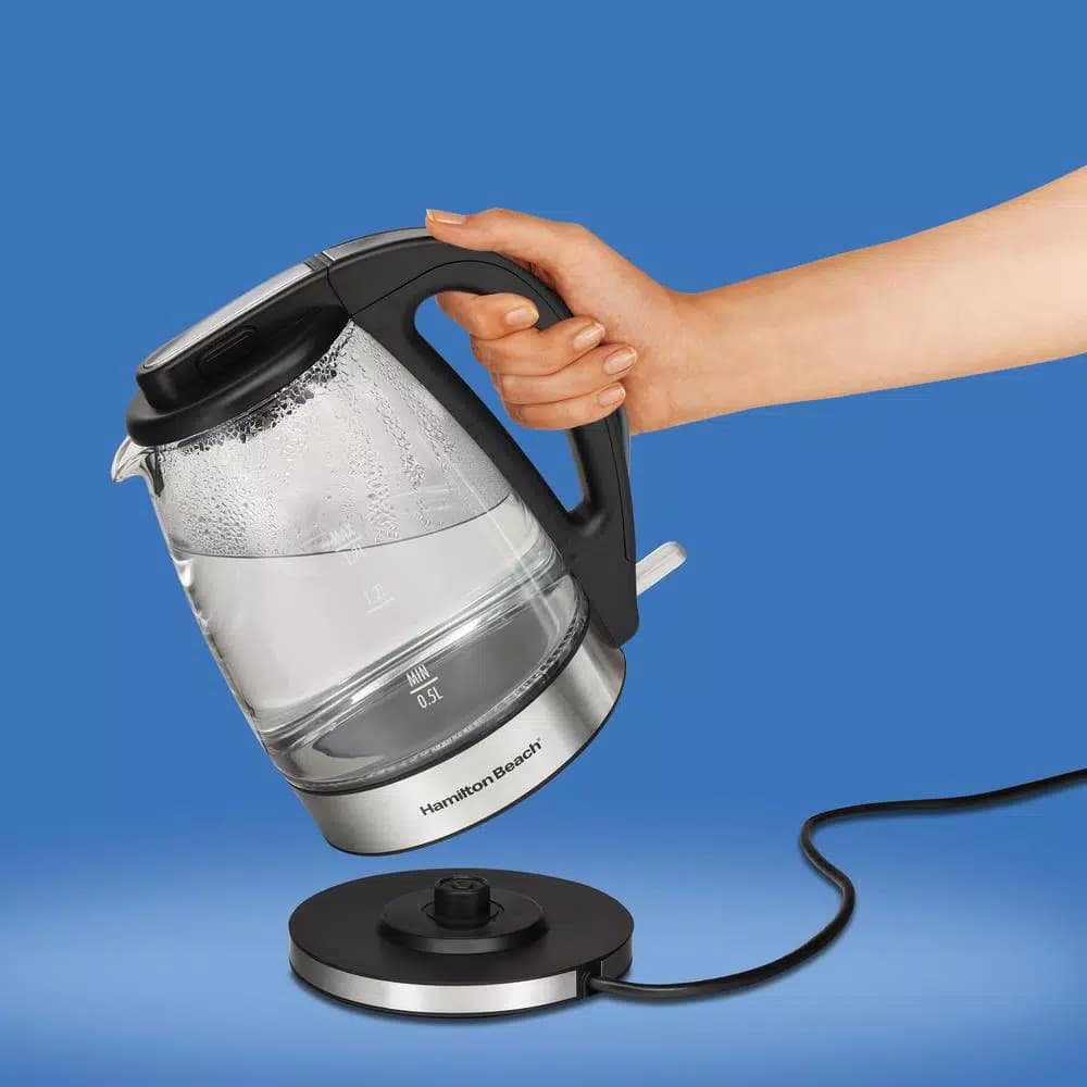 Hamilton Beach 1.7 Liter Glass Electric Kettle, 1500W Rapid Boil with Blue Illumination