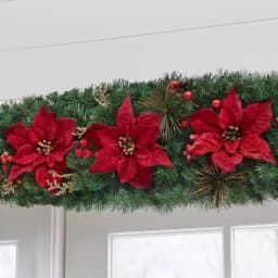 Home Accents Holiday Home Holiday Accents 17 ft. Burgundy Poinsettia Mixed Pine Garland with Berries and Gold Glitter Cedar thumbnail 4