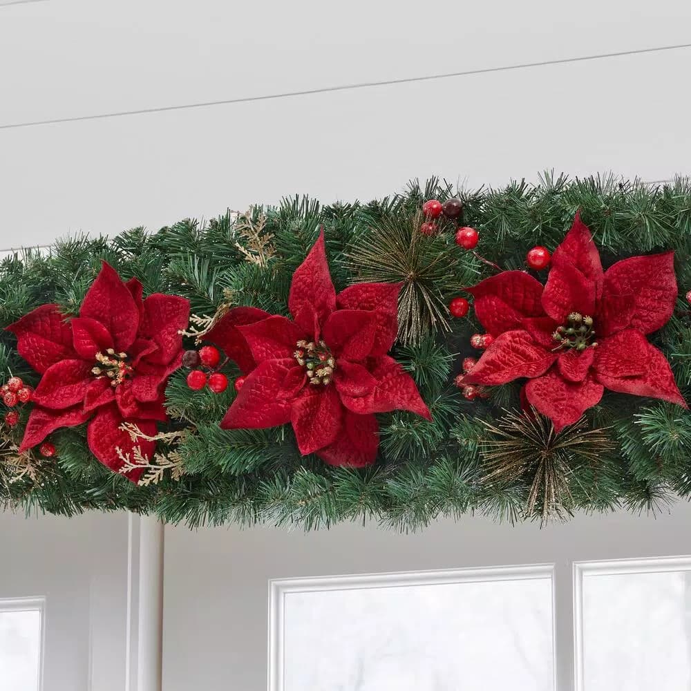 Home Accents Holiday Home Holiday Accents 17 ft. Burgundy Poinsettia Mixed Pine Garland with Berries and Gold Glitter Cedar