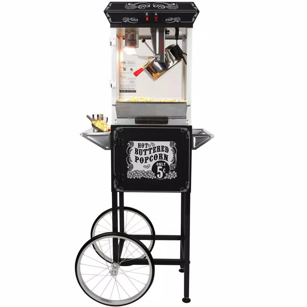 Funtime Sideshow Popper 8 oz. Popcorn Machine and Cart, Traditional Black Theater Style Popper