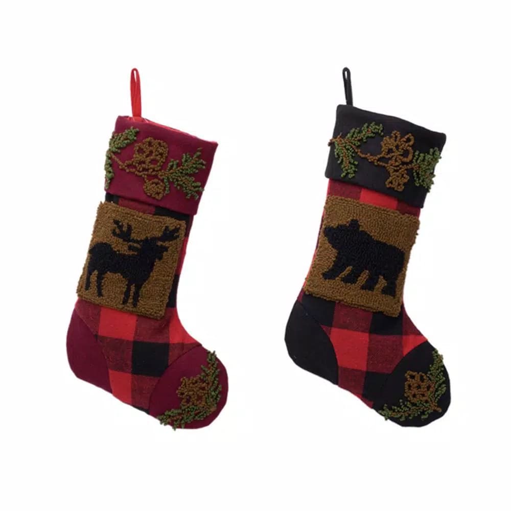 Glitzhome 19 in. Acrylic Plaid Christmas Stockings with Rug Hooked Reindeer and Bear (Set of 2)