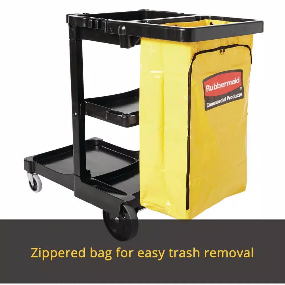 Rubbermaid Commercial Products Commercial Plastic Cleaning Cart with 3 Shelves and Zippered Yellow Vinyl Bag