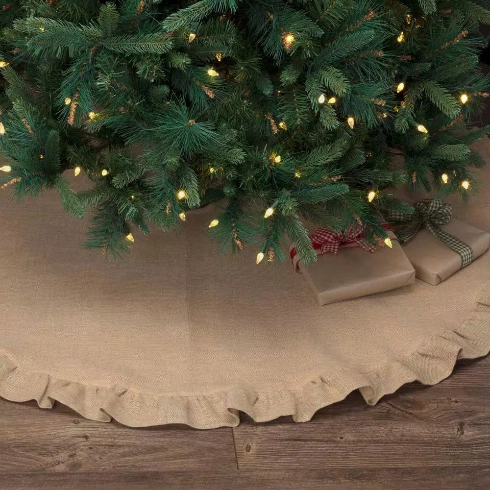 VHC Brands 55 in. Jute Burlap Natural Tan Rustic Holiday Tree Skirt with Flannel Lining