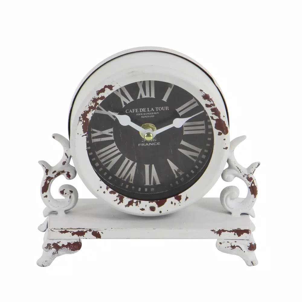 LITTON LANE 7 in. Burgundy Red and Mint Green Round Table Clocks with Scrollwork Base, Set of 2
