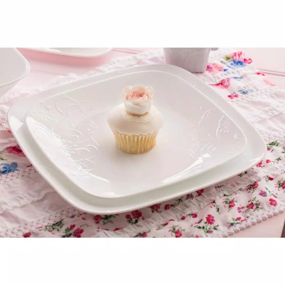 Corelle Boutique 16-Piece Cherish Porcelain Dinnerware Set, White Embossed Floral, Service for 4