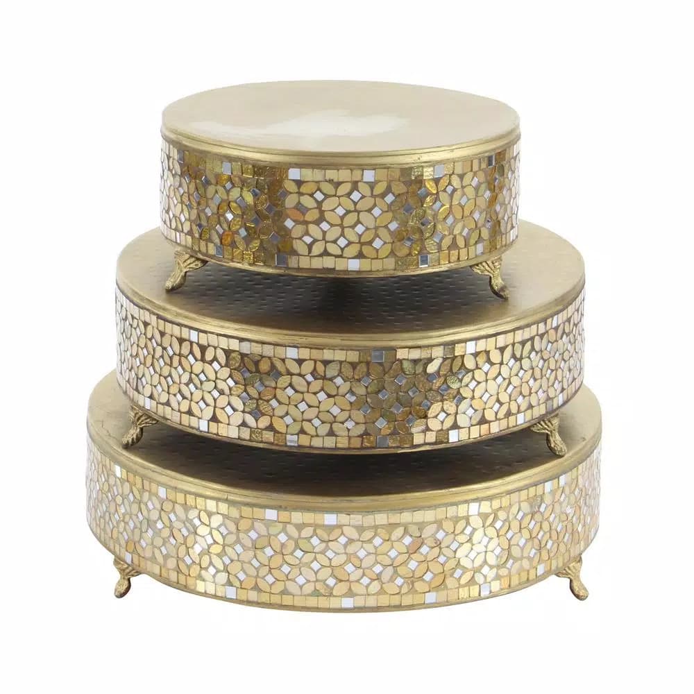 LITTON LANE Gold Iron and Glass Mosaic Round Cake Stand Set of 3