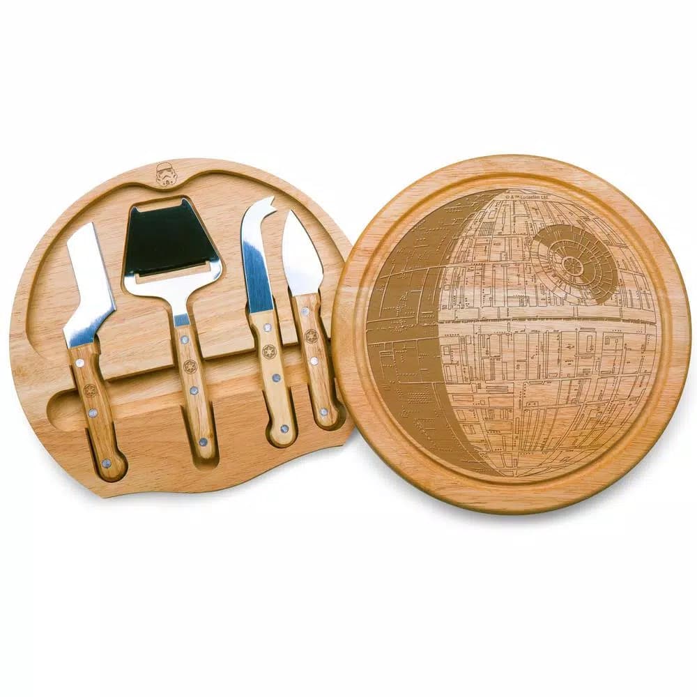 TOSCANA Picnic Time Circo 10.2 in. Rubberwood Cheese Board and 4-Piece Stainless Steel Tool Set