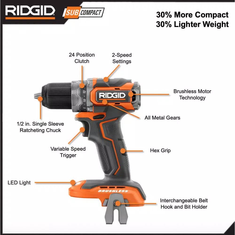 RIDGID 18V SubCompact Brushless 1/2 in. Drill Driver Kit with (2) 2.0 Ah Batteries, Charger, and Bag