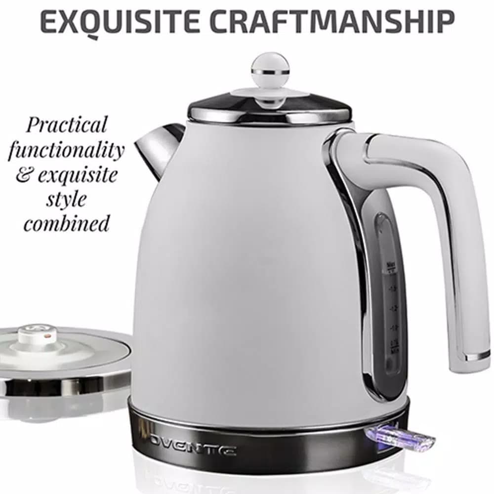 Ovente KS777 1.7L Electric Kettle, 1500W Stainless Steel Water Boiler with Auto Shut-Off and Removable Filter, White