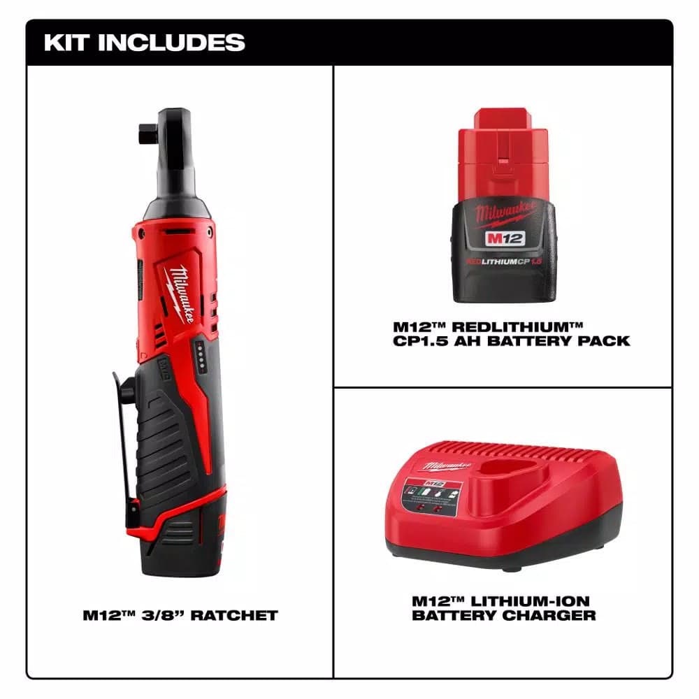 Milwaukee M12 12V 3/8 in. Cordless Ratchet Kit with 1.5 Ah Battery, Charger and Tool Bag