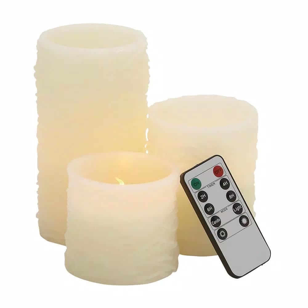 LITTON LANE Ivory Wax Flameless Pillar Candle Set of 3 with Remote Control and Timer