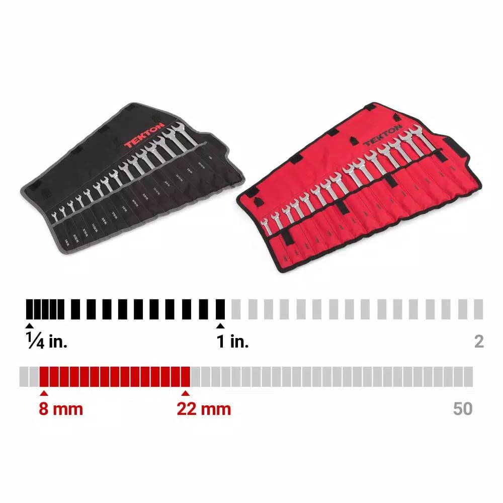 TEKTON 30-Piece Combination Wrench Set, 1/4-1 in. and 8-22 mm with Roll-Up Pouch