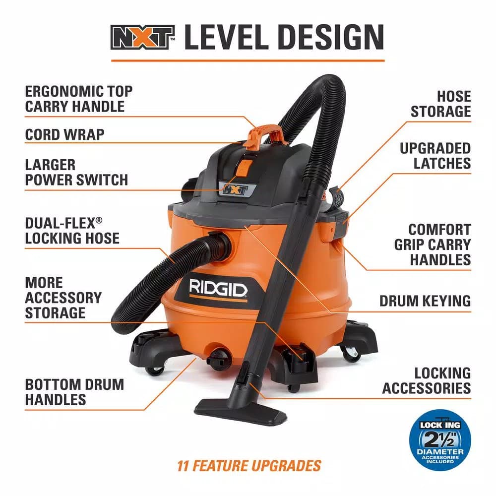 RIDGID 14 Gal. 6.0 Peak HP NXT Wet/Dry Shop Vacuum with 2.5 in. Locking Accessories