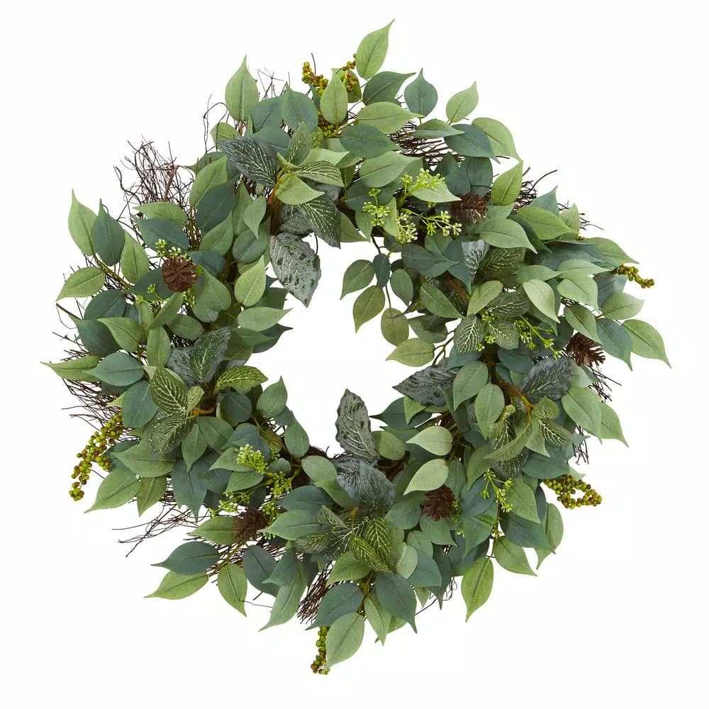 Nearly Natural 23 in. Royal Ruscus, Fittonia and Berries Artificial Wreath, Green