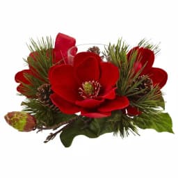 Nearly Natural 7 in. Red Magnolia and Pine Candelabrum with Glass Candleholder thumbnail 1