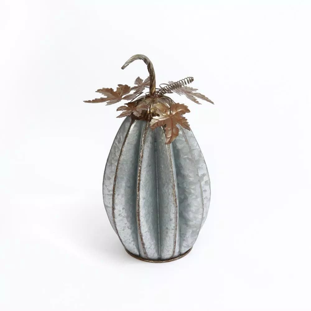 Gerson 16.5 in. Sculpted Rustic Metal Pumpkin with Leaves, Set of 2