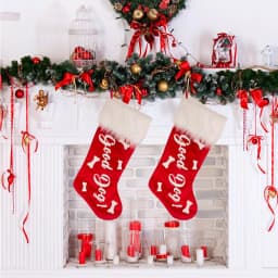 Glitzhome 21 in. Red Polyester Velvet Christmas Stockings with Plush Cuff - Good Dog Print (2-Pack) thumbnail 7