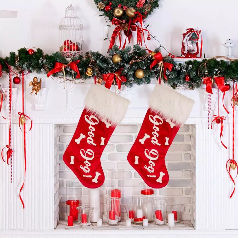Glitzhome 21 in. Red Polyester Velvet Christmas Stockings with Plush Cuff - Good Dog Print (2-Pack)