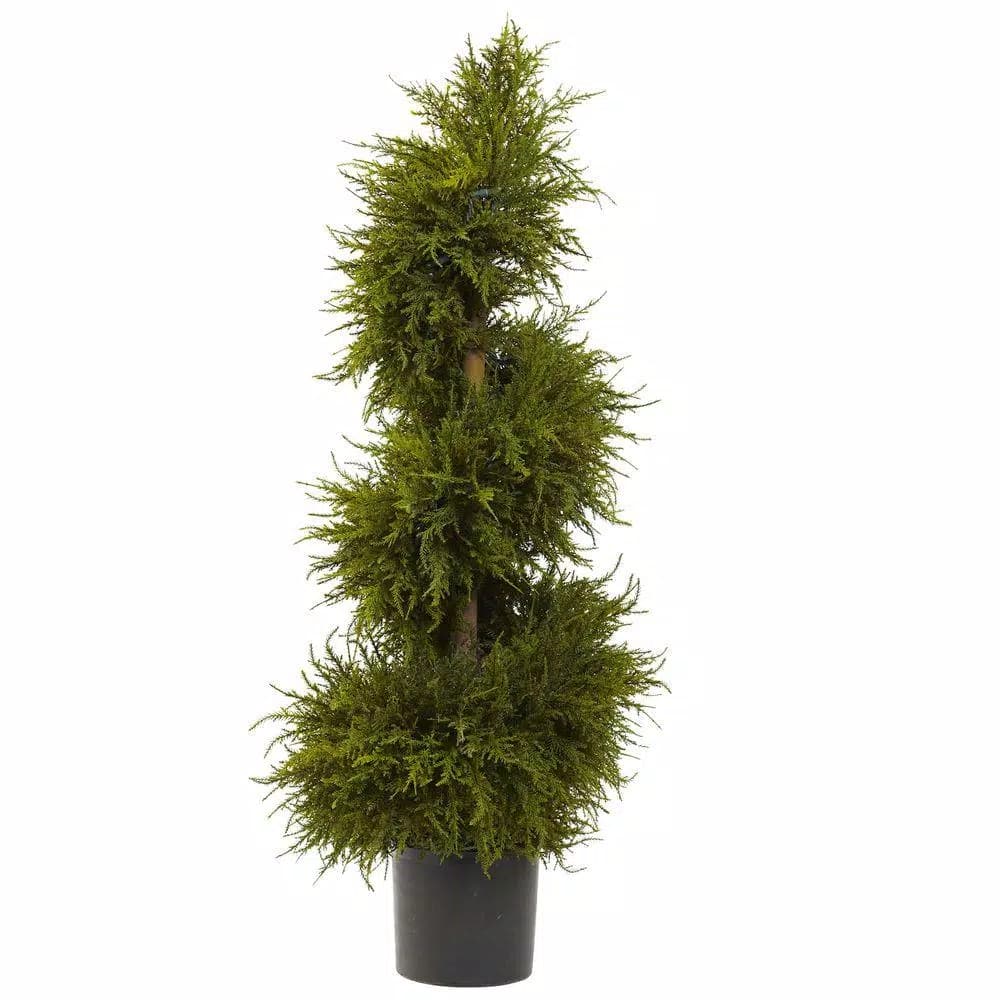 Nearly Natural 43 in. Cedar Spiral Topiary with Lights, Green Artificial Plant in Black Pot