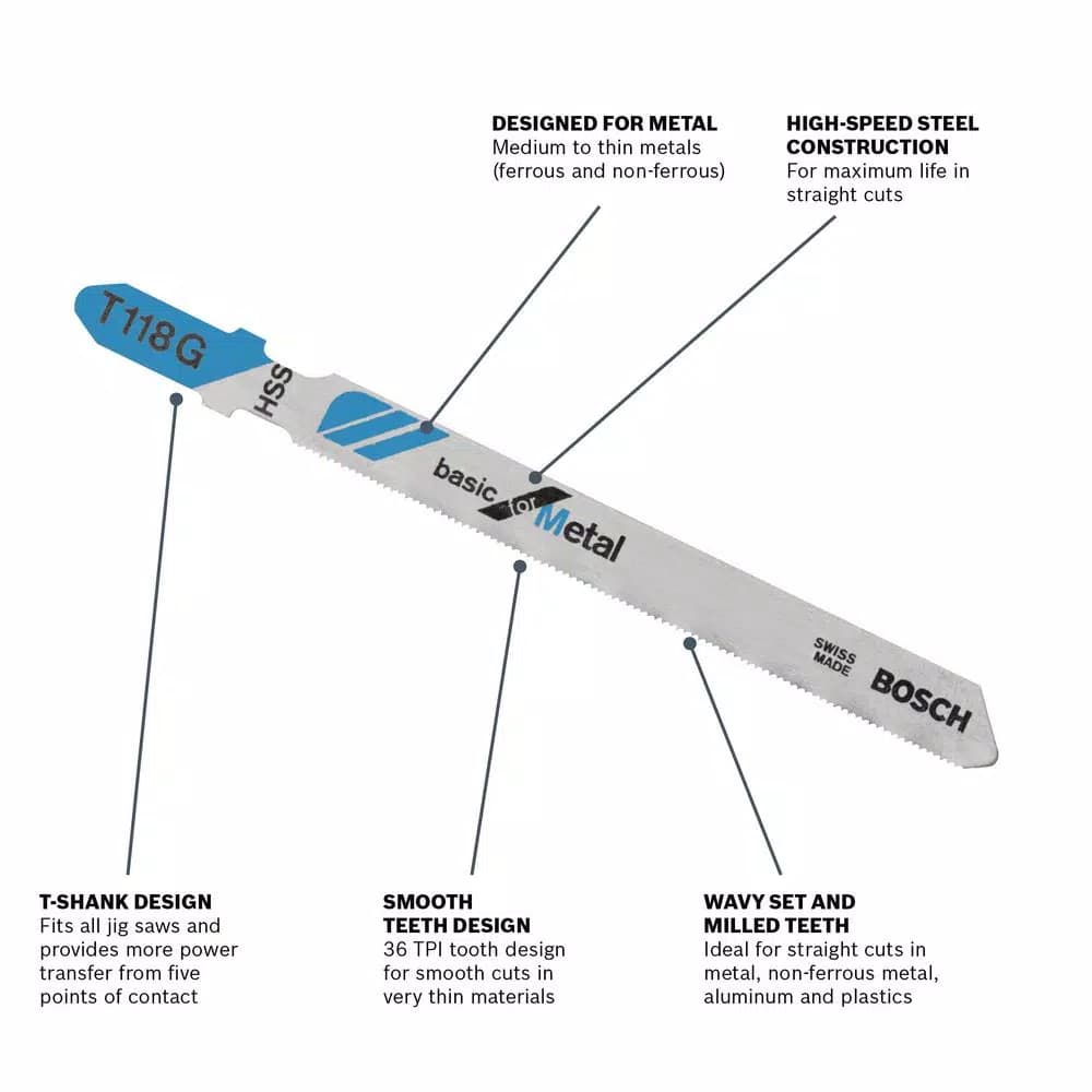 Bosch 3 in. 36 TPI High Speed Steel T-Shank Jigsaw Blades for Metal Cutting (5-Pack)